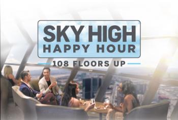Sky High Happy Hour with photo of view and four people drinking 
